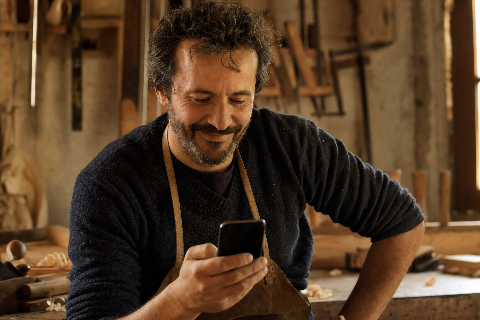 Artisan menuisier consultant son téléphone dans son atelier