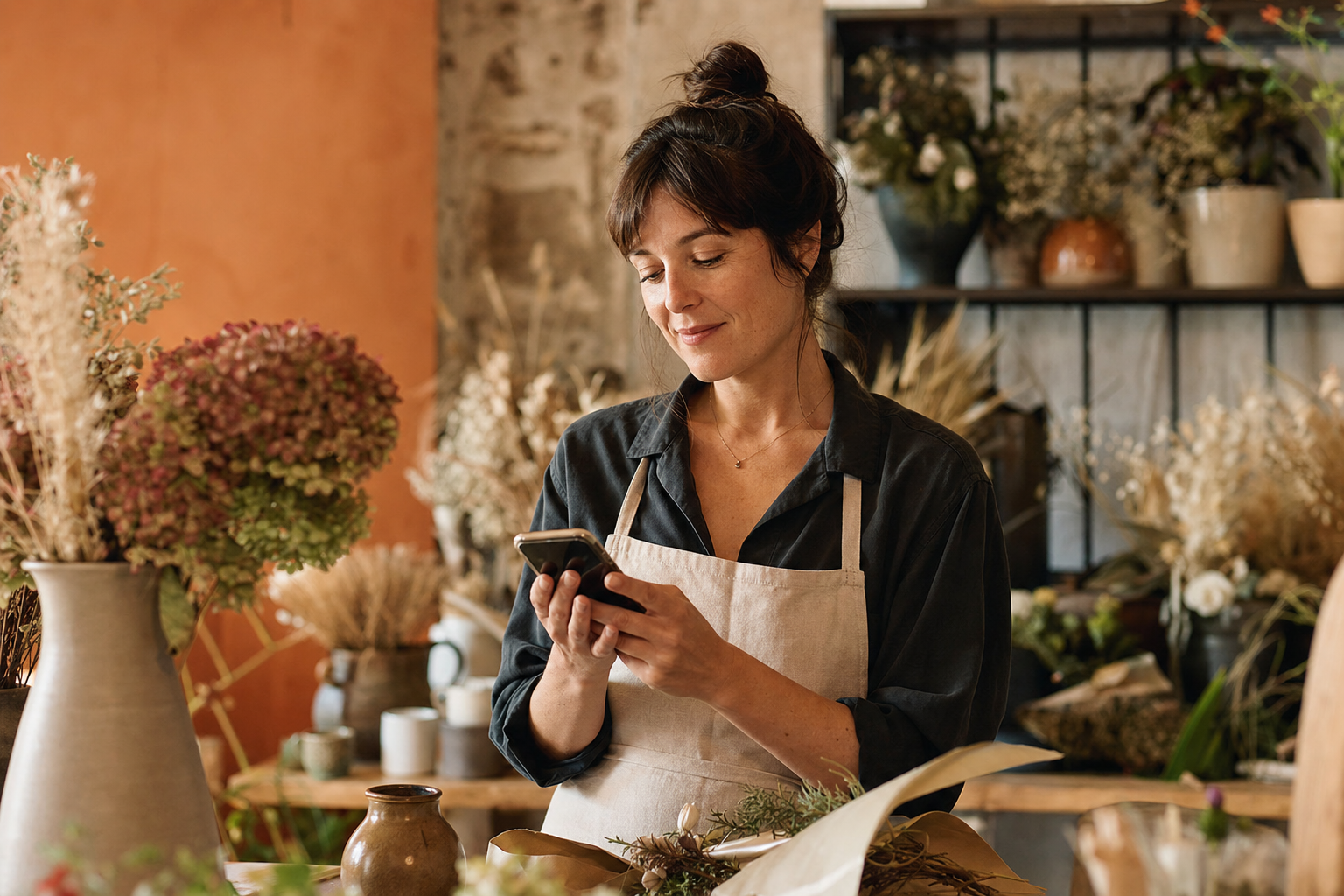 Commerçante gérant son activité depuis son téléphone en boutique