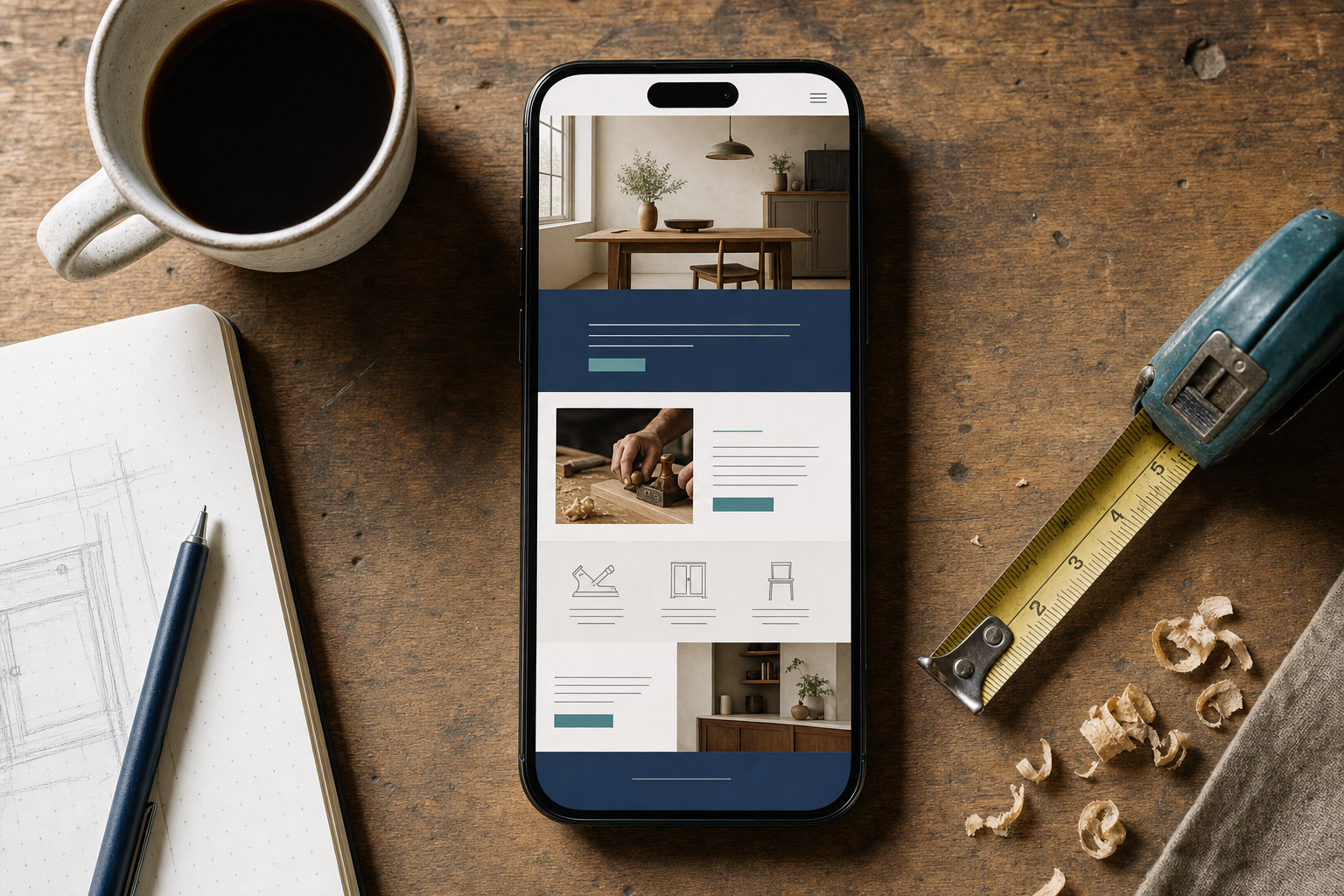 Site vitrine généré par Alizé consulté sur un smartphone, posé sur un établi d'artisan